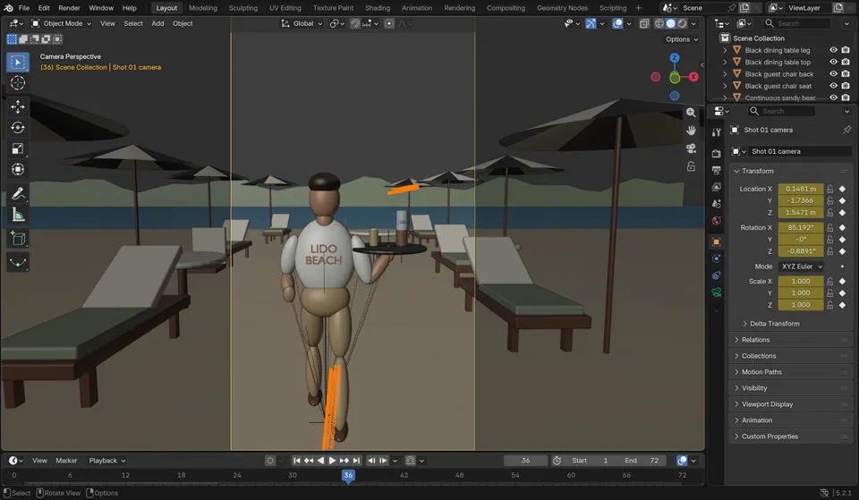 Blender camera view for shot 01: a mannequin waiter in a LIDO BEACH shirt walking away between loungers.