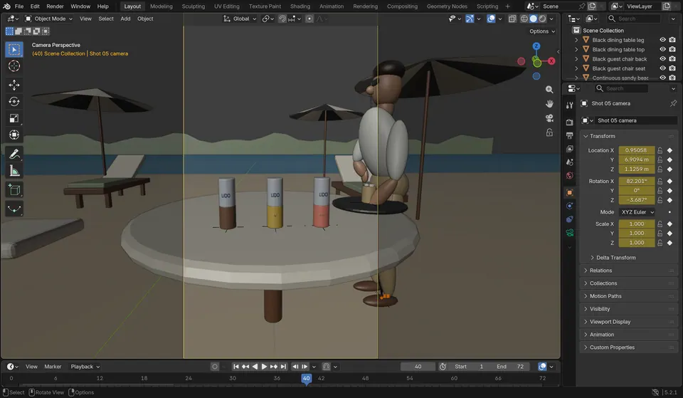 Blender camera view for shot 05: three grey-box cans on a round table with the mannequin waiter beside it.
