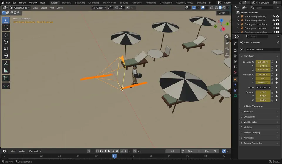 Blender viewport showing the shared grey-box beach set: umbrellas, loungers, tables and an orange camera path.