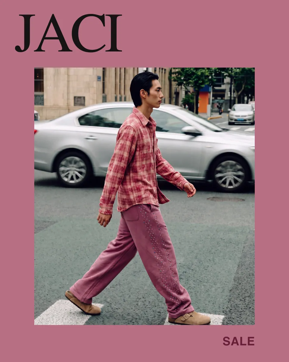 JACI sale ad: the mid-stride frame inside a pink border.