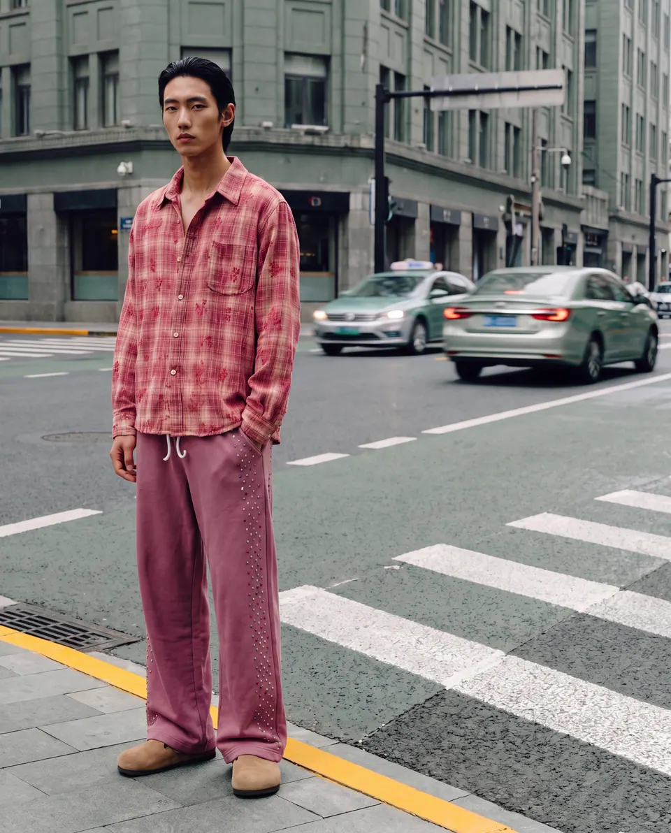 Full-length at a crossing on a wide avenue lined with buildings.