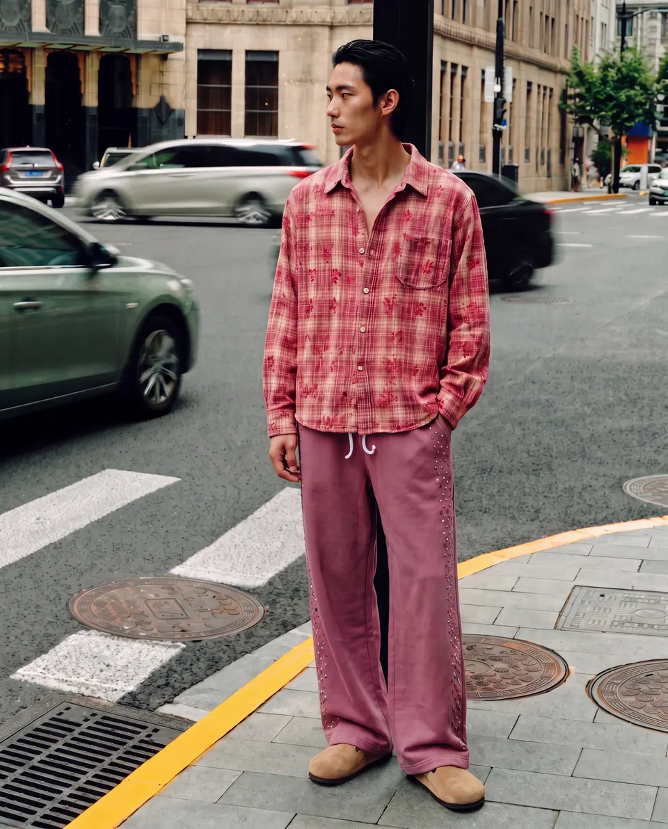 A man in a pink floral check shirt and wide mauve trousers standing at a street corner beside a pedestrian crossing.