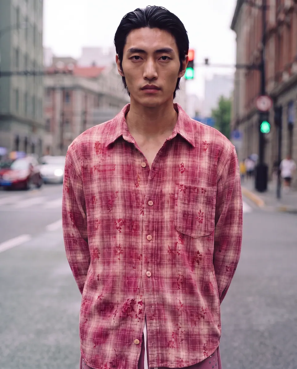 A frontal portrait in the middle of a street, hands behind his back.