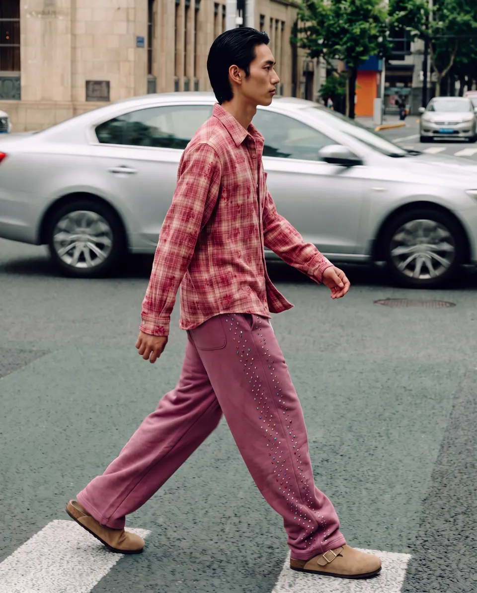 The same outfit mid-stride across a crossing, with cars behind.