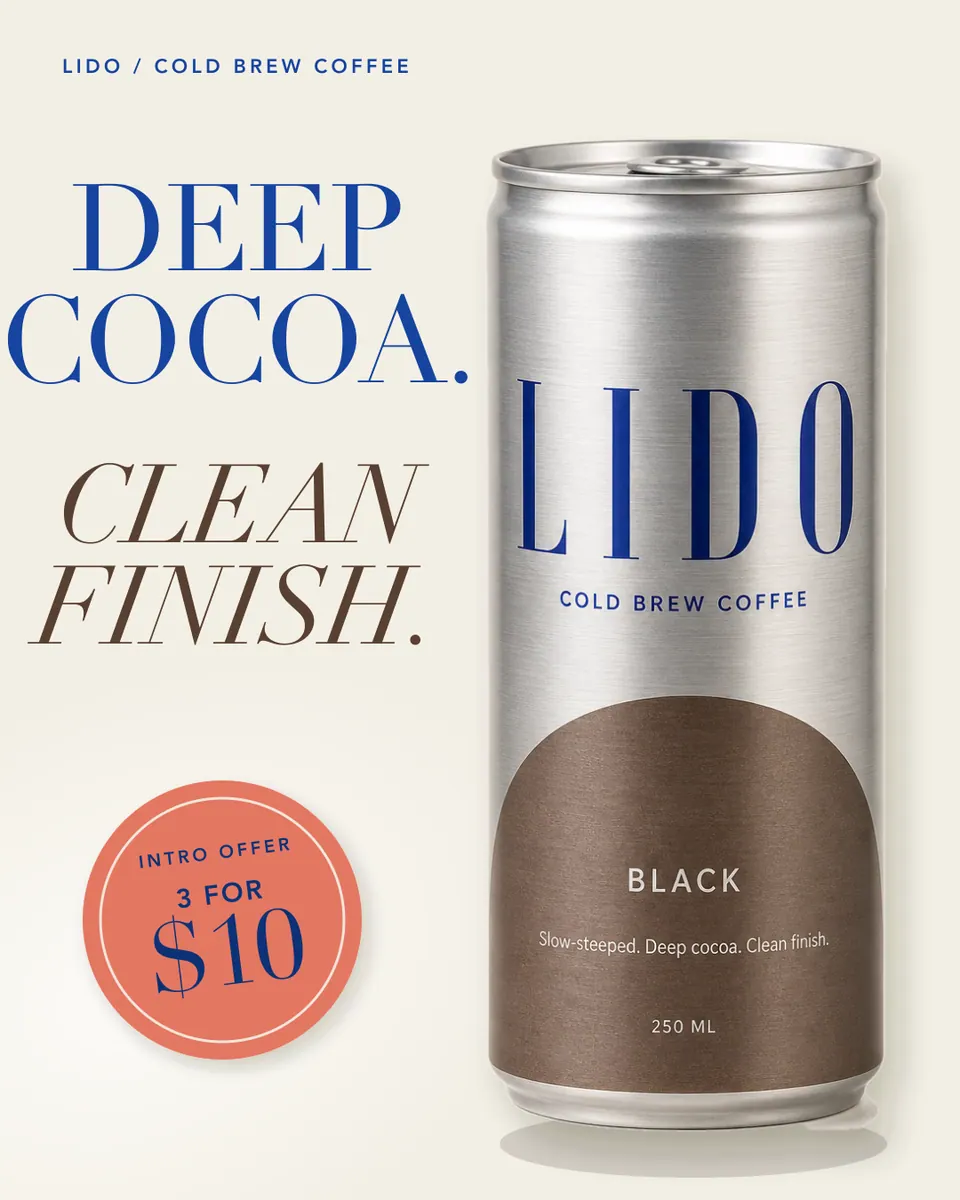 LIDO Black ad on cream: "Deep cocoa. Clean finish." with an intro offer sticker.