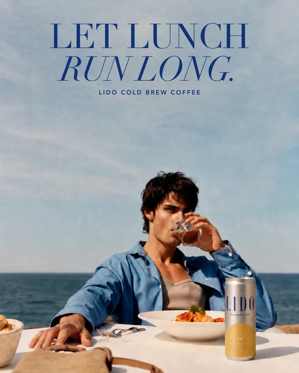 LIDO ad: "Let lunch run long." above the seaside lunch image.