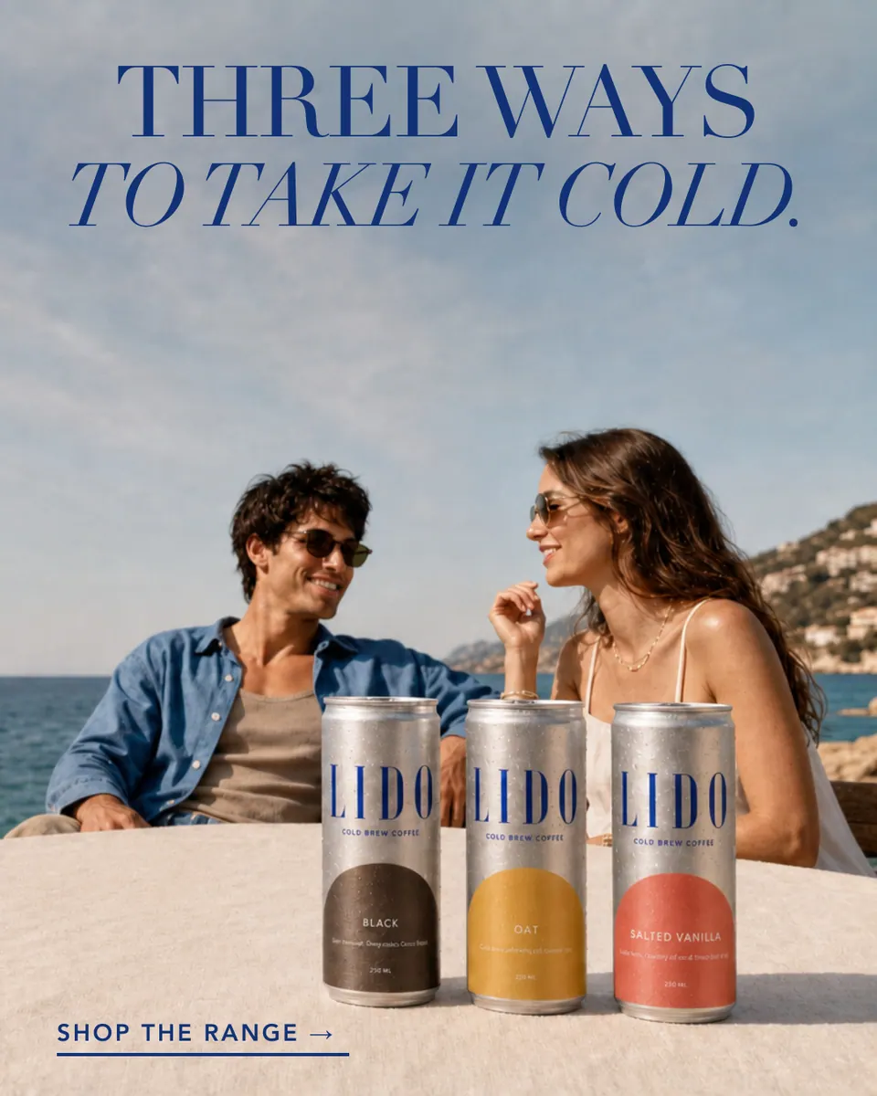 LIDO ad: "Three ways to take it cold." over the couple and the three cans.