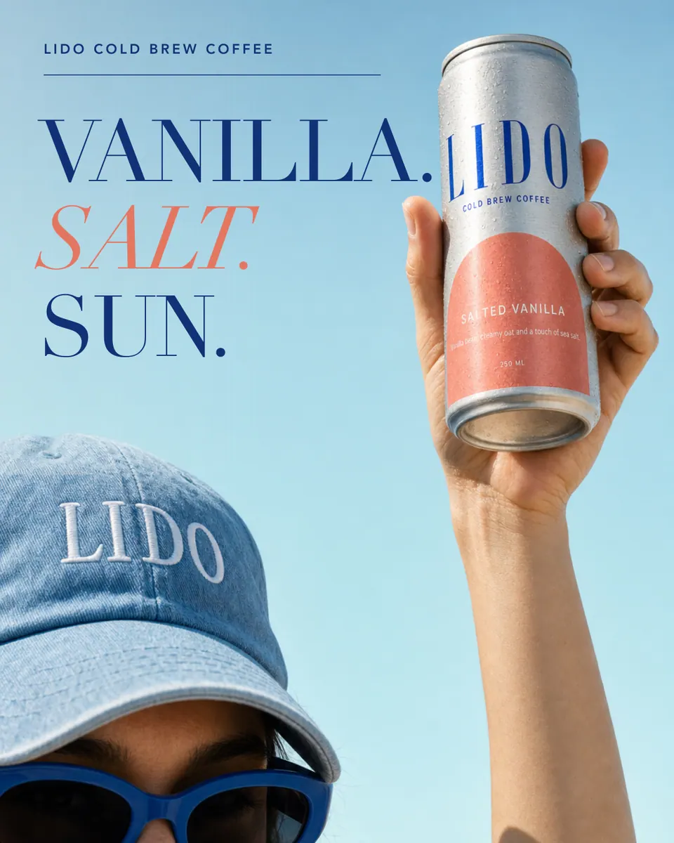 LIDO ad: "Vanilla. Salt. Sun." beside a raised Salted Vanilla can and the LIDO cap.