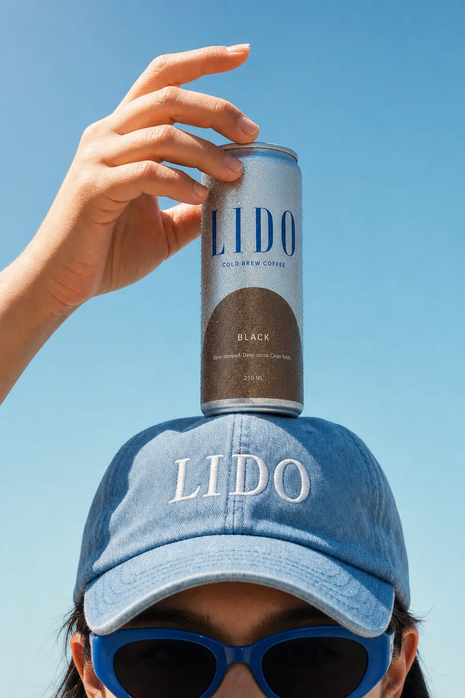 A hand balancing a LIDO Black can on top of a blue LIDO cap, worn with blue sunglasses against a clear sky.