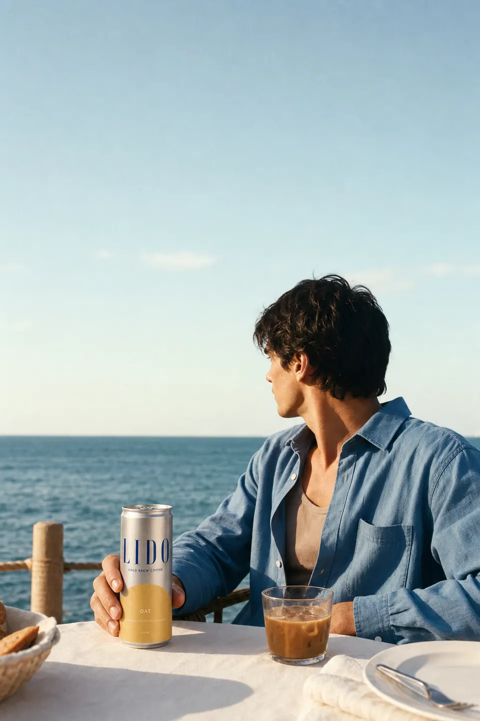 The same man looking out to sea, one hand on a LIDO Oat can beside an iced coffee.