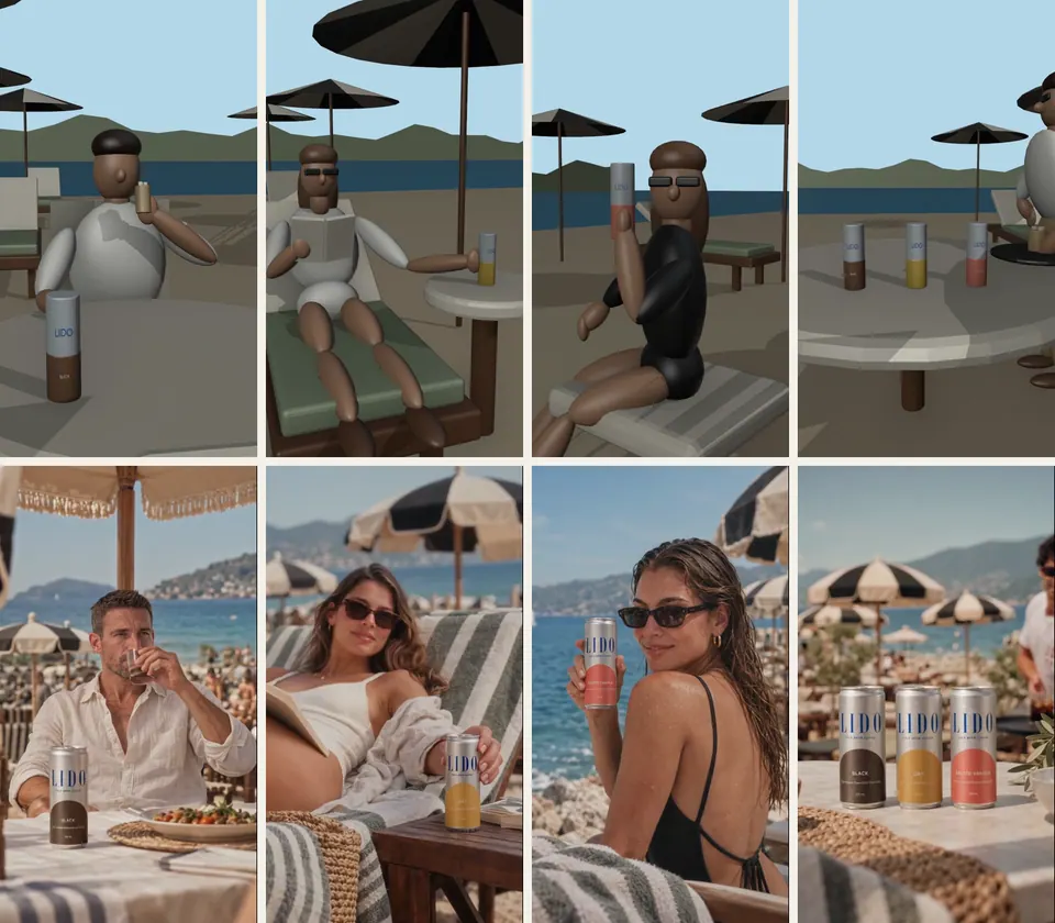 Four pairs of frames at the same moments: grey-box Blender previs above, the generated LIDO shots below.