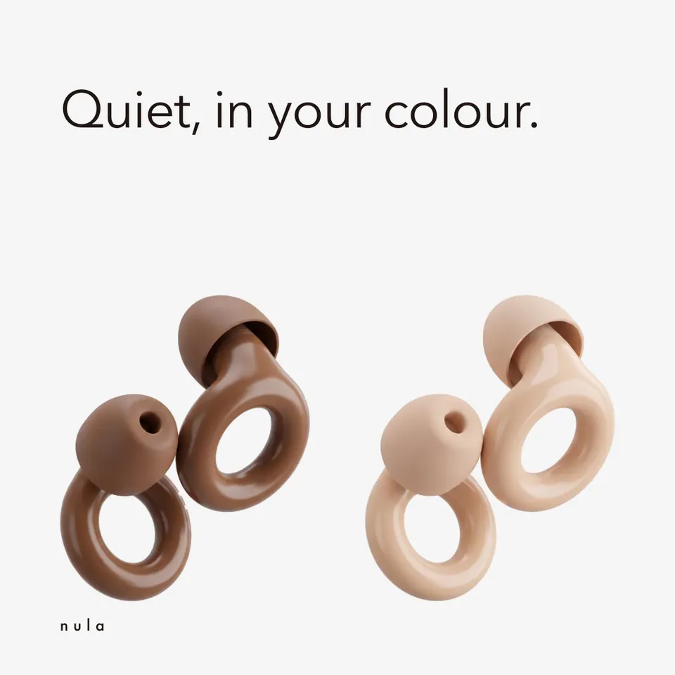 Nula ad: "Quiet, in your colour." above brown and pale earplugs.