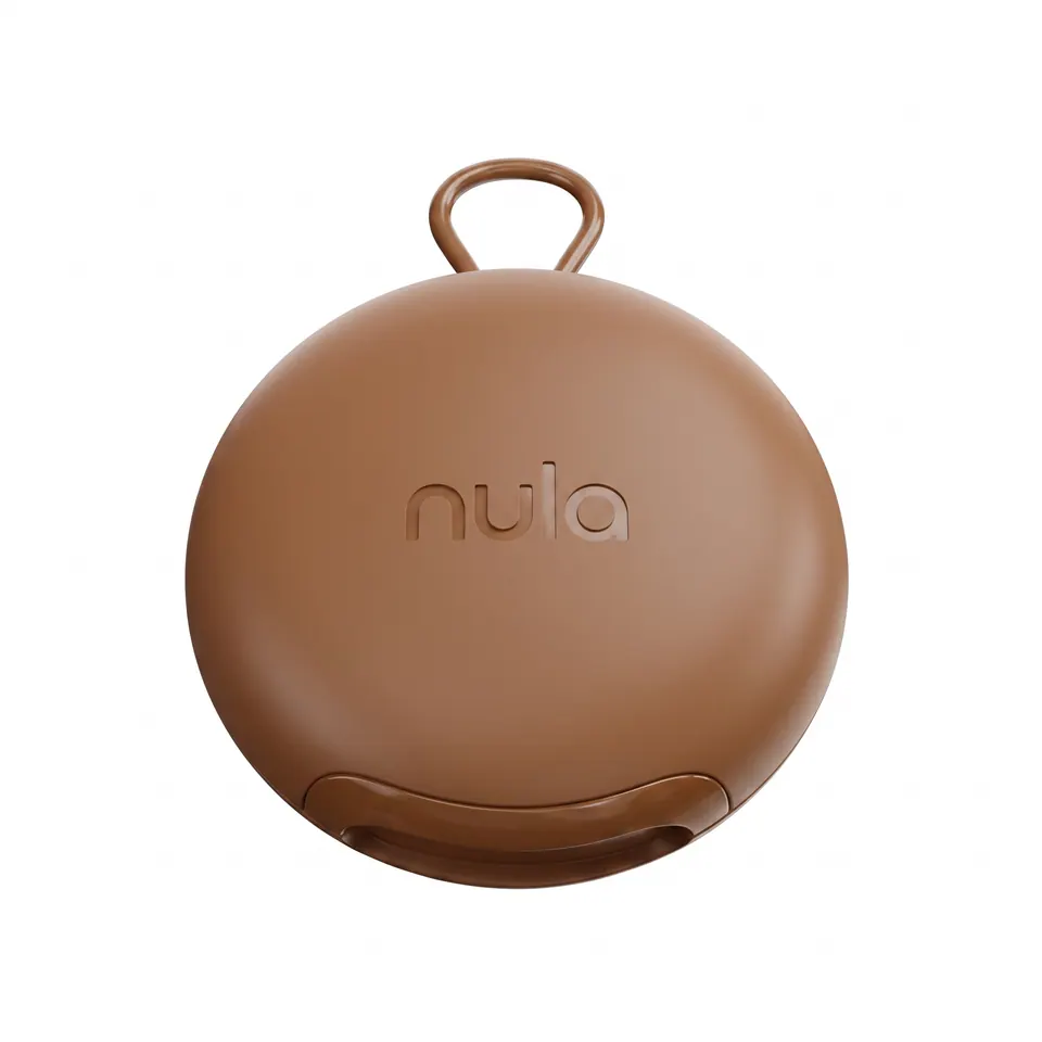 A round brown carry case with a debossed nula wordmark and a keyring loop.