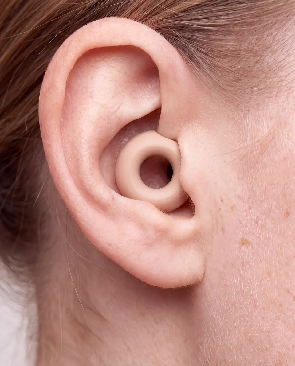 Close crop of a fair-skinned ear wearing a pale earplug.