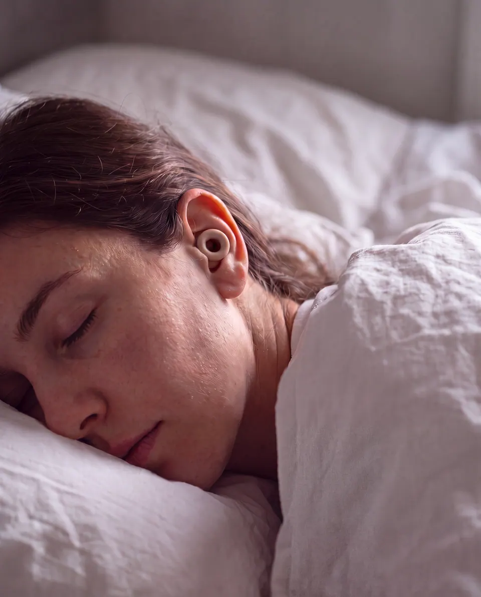 A woman asleep on a pillow wearing a pale earplug.