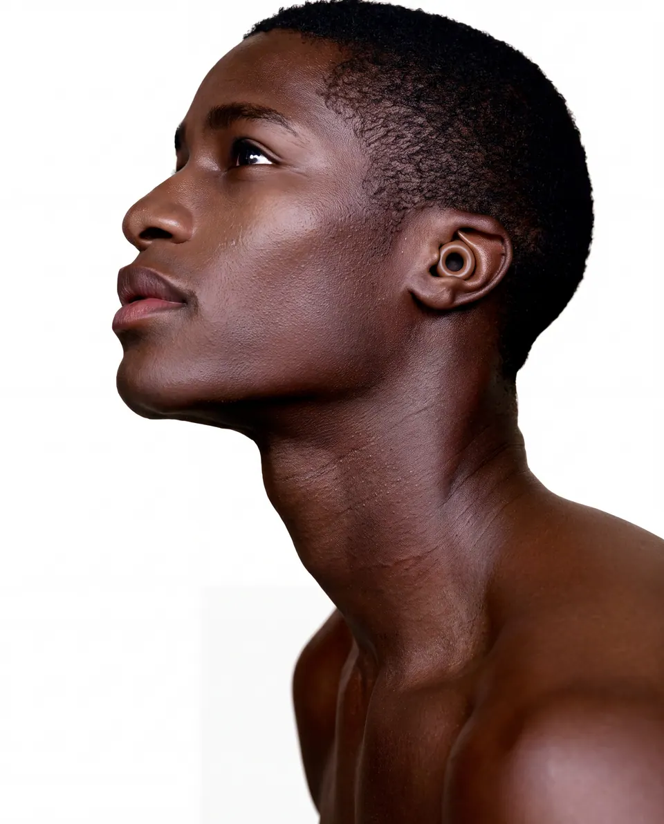 Profile of a man looking upwards with a brown earplug in his ear, against white.
