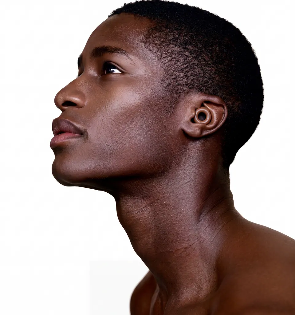 Profile of a man looking upwards with a brown earplug in his ear, against white.