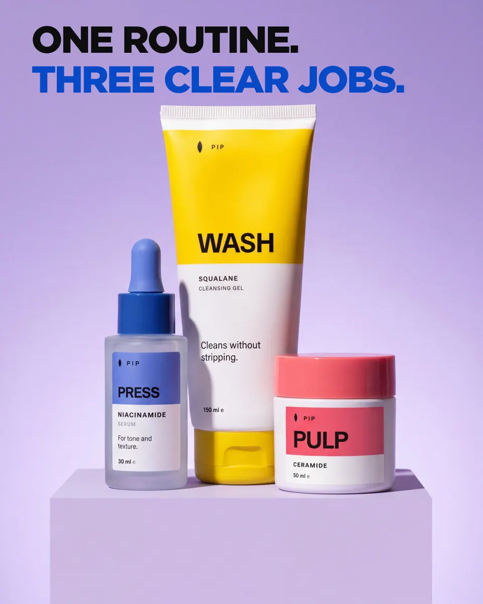 Pip ad: "One routine. Three clear jobs." above the product line-up on lilac.
