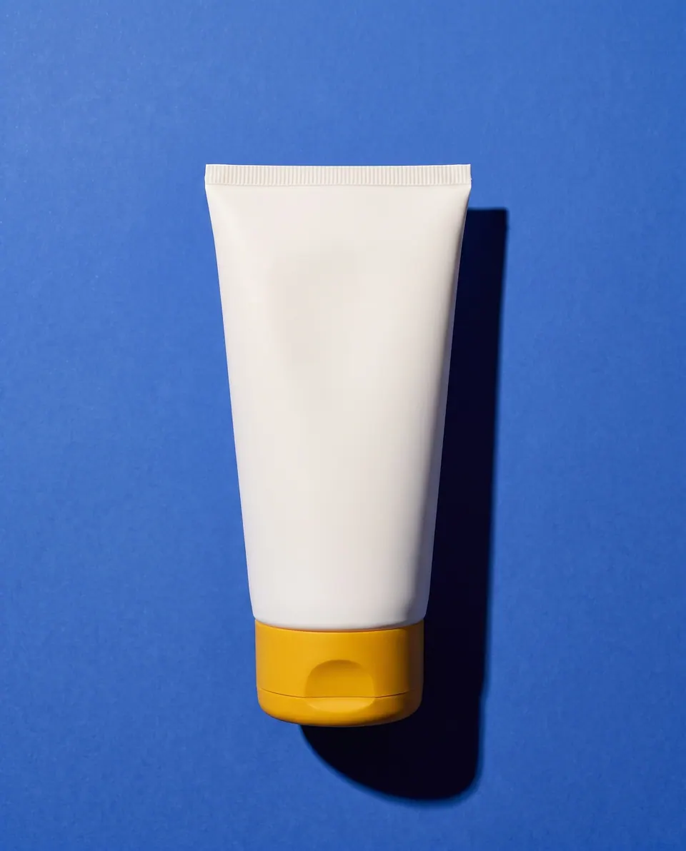 An unprinted white tube with a citron cap on blue, used as the blank packaging reference.