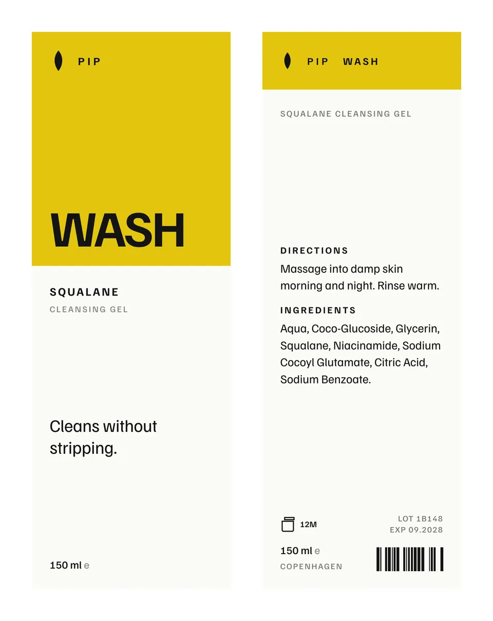 Flat WASH label artwork, front and back side by side: citron band, seed mark and product name, then ingredients, lot code and barcode.