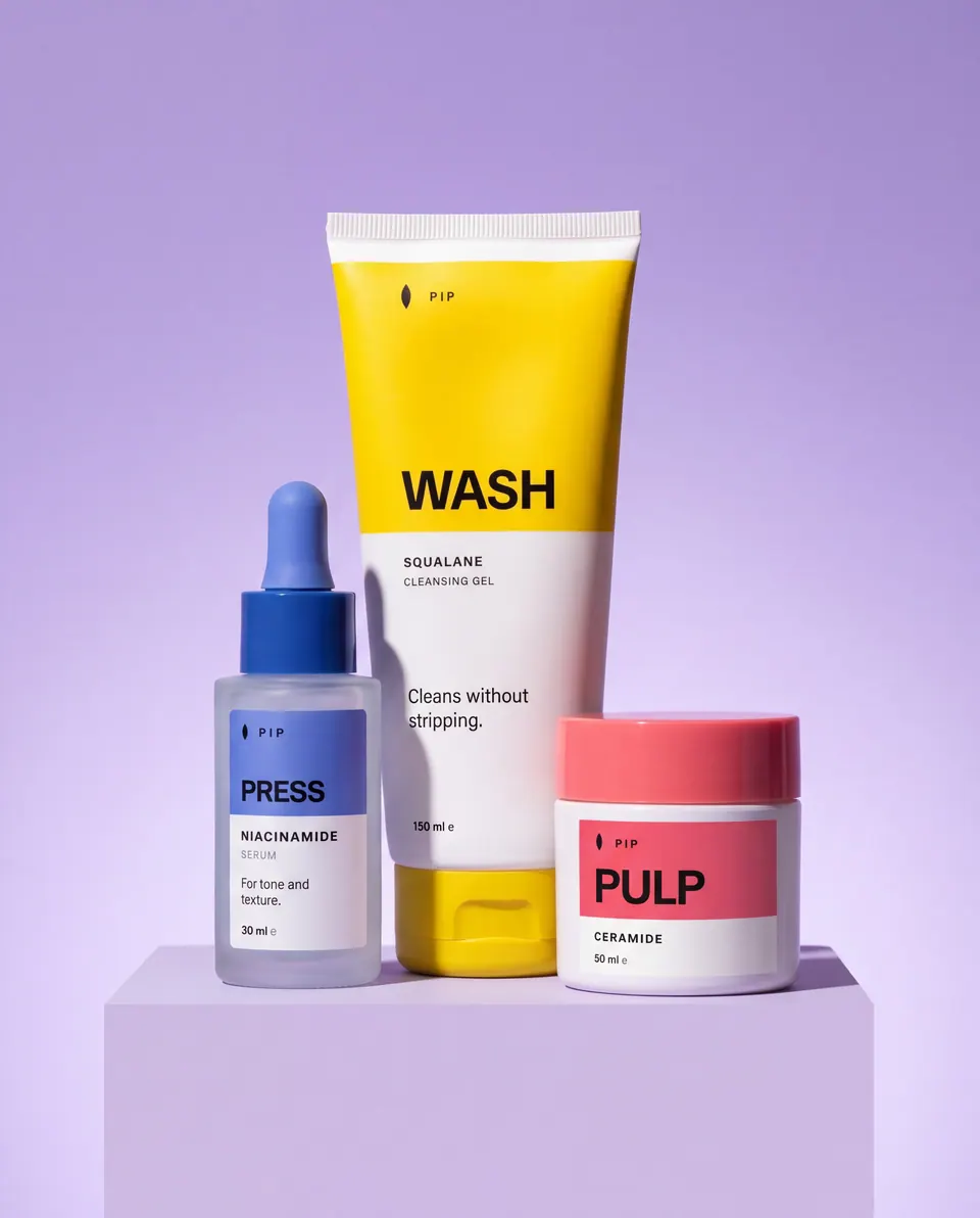 Pip WASH, PRESS and PULP arranged on a lilac plinth against a lilac studio background.