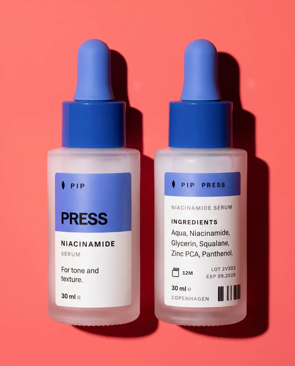 Two Pip PRESS dropper bottles on coral, showing the front label and the back ingredients panel.