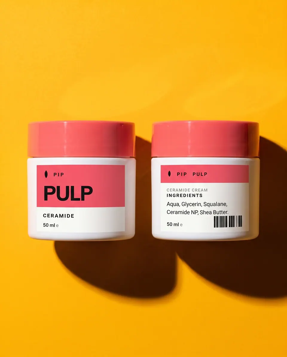 Two Pip PULP jars on marigold yellow, showing the front label and the back ingredients panel.