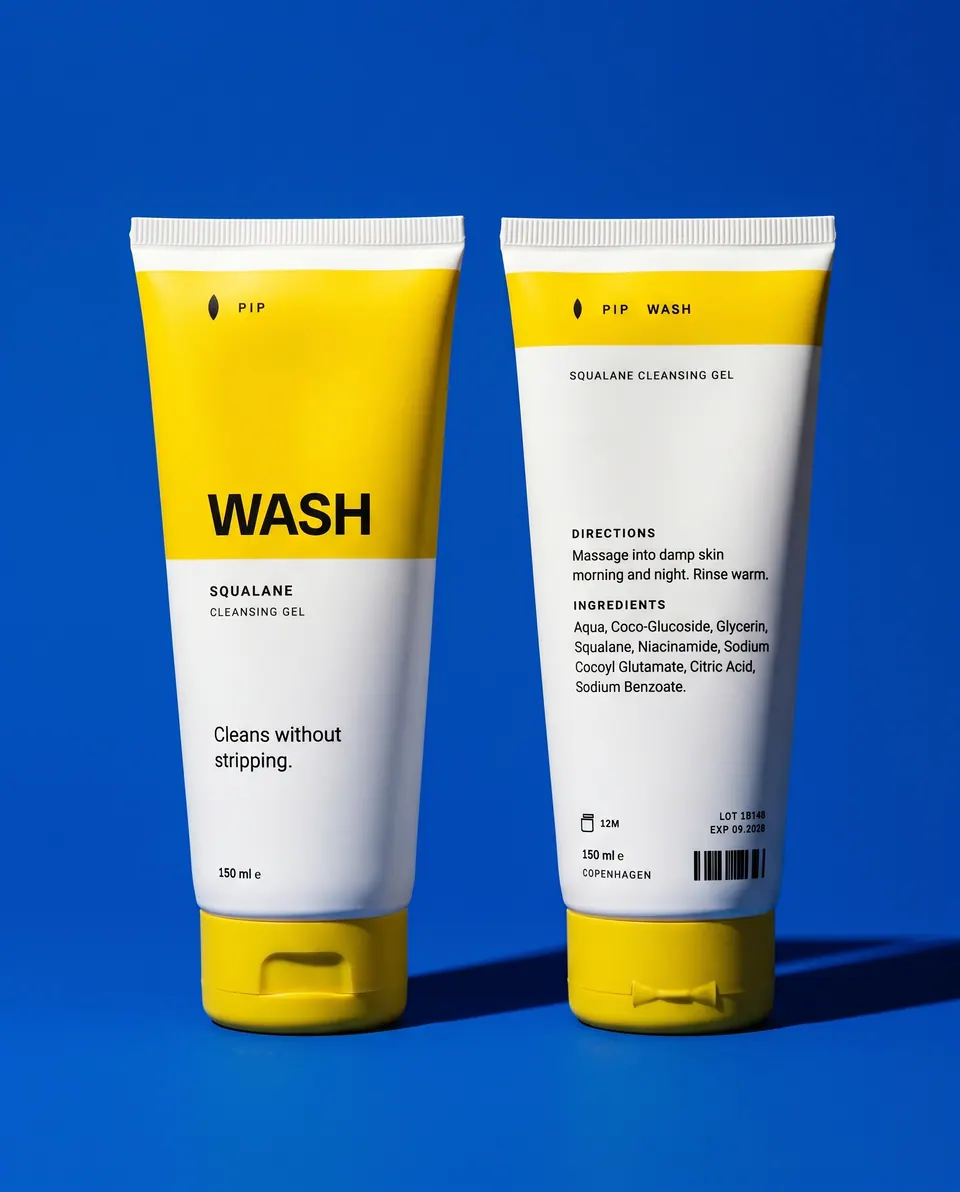 Two Pip WASH tubes on cobalt blue, one showing the front label and one the back with directions, ingredients and barcode.