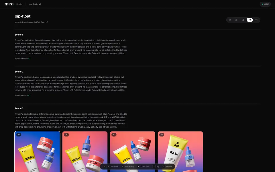 Review page for version 4 of the float campaign: scenes 1 and 2 inherited from version 3, and four new takes of scene 3.